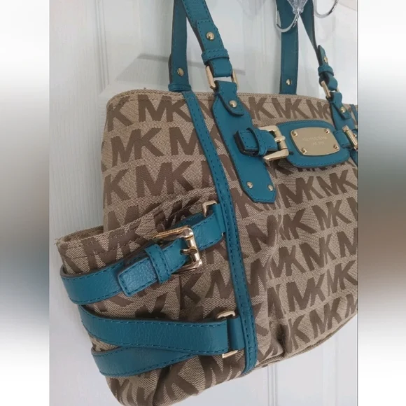 END 30-APR | MK Brown and Teal Signature Tote Bag - Picture 2 of 9